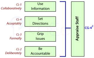 Appraising staff is based on using information, setting directions, gripping issues, and being accountable.