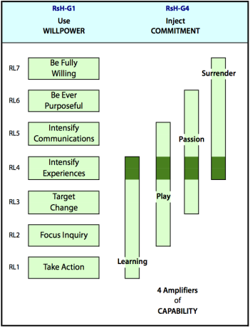 Using Willpower and injecting Commitment represented by the Tetrads in the Structural Hierarchy of Creativity in Endeavours.