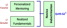 Novice indoctrination depends on mentoring and realization.