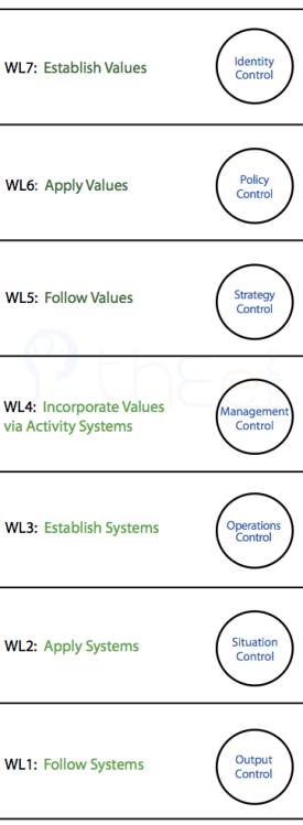 7 levels of responsibility with internal value of values vs systems.